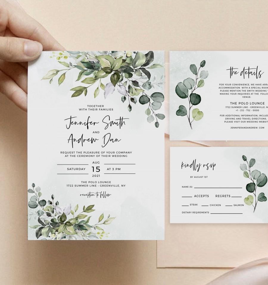 Mariage - Greenery Wedding Invitation Suite, Printable Wedding Invitation, Eucalyptus Invite, Instant Download, Edit with Templett, POE