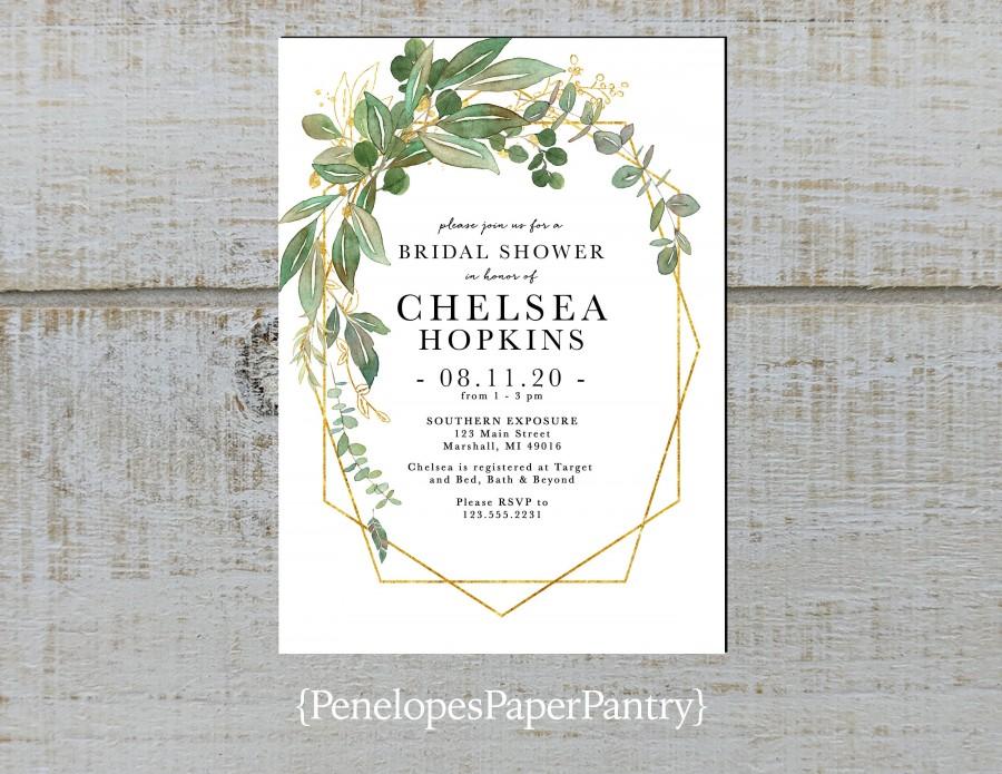 Свадьба - Elegant Greenery Geometric Frame Bridal Shower Invitation,Leaves,Vines,Botanical,Gold Print,Shimmery,Personalize,Printed Invitation,Envelope