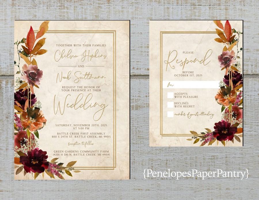 Wedding - Rustic Fall Wedding Invitation,Burgundy,Burnt Orange,Roses,Greenery,Parchment,Gold Print,Personalize,Printed Invitation,Wedding Set,Envelope