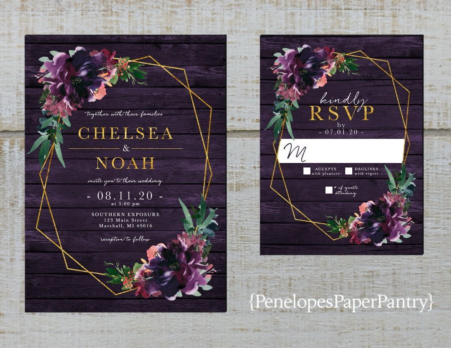 زفاف - Rustic Purple Geometric Frame Fall Wedding Invitations,Plum,Eggplant,Roses,Greenery,Purple Barn Wood,Gold Print,Shimmery,Printed Invitation