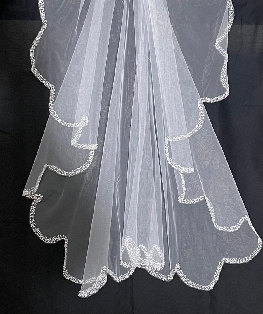 Wedding - Angel Cut Waterfall Wedding Veil, Crystal Veil, Beaded Veil - Free Tulle Samples