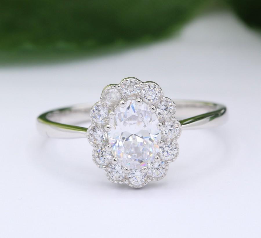 Mariage - 1.21 Carat Oval Cut Halo Round Vintage Art Deco Floral Wedding Engagement Bridal Ring Diamond Simulate 925 Sterling Silver