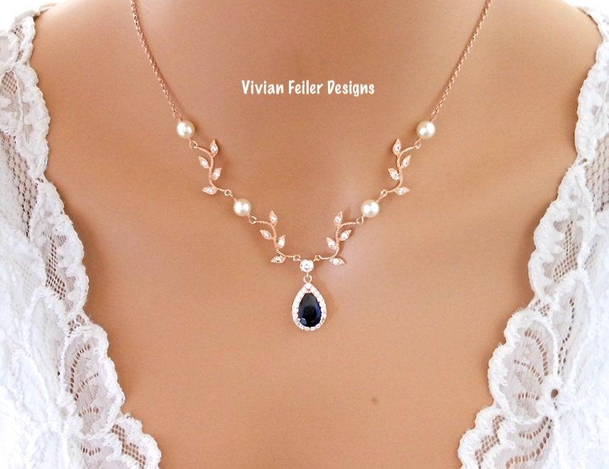 Hochzeit - Blue Sapphire Necklace VINE Rose Gold Bridal Wedding Necklace Jewelry White or Ivory PEARLS Cubic Zirconia