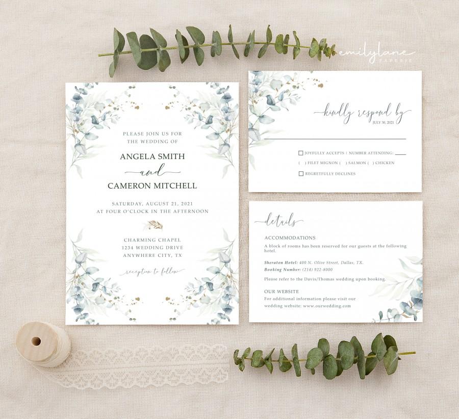 Wedding - Wedding Invitation Template Suite, Eucalyptus Wedding Invitation, Greenery Wedding Invite Set, Instant Download, DIY, Juliet