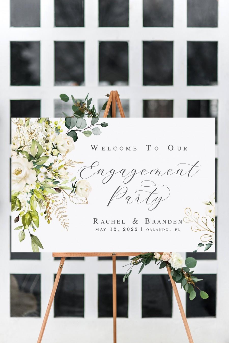 زفاف - Engagement Welcome Sign Template, Greenery Engagement Celebration, White Roses Engagement Party Welcome Sign , Editable Template  #WP555