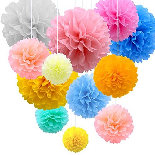 زفاف - 21 Pack of Rainbow Colour Tissue Paper Flower Balls, Pom Pom Flower Balls, DIY Pom Pom Flowers, Party Pom Poms, Wedding Decorations, Decor