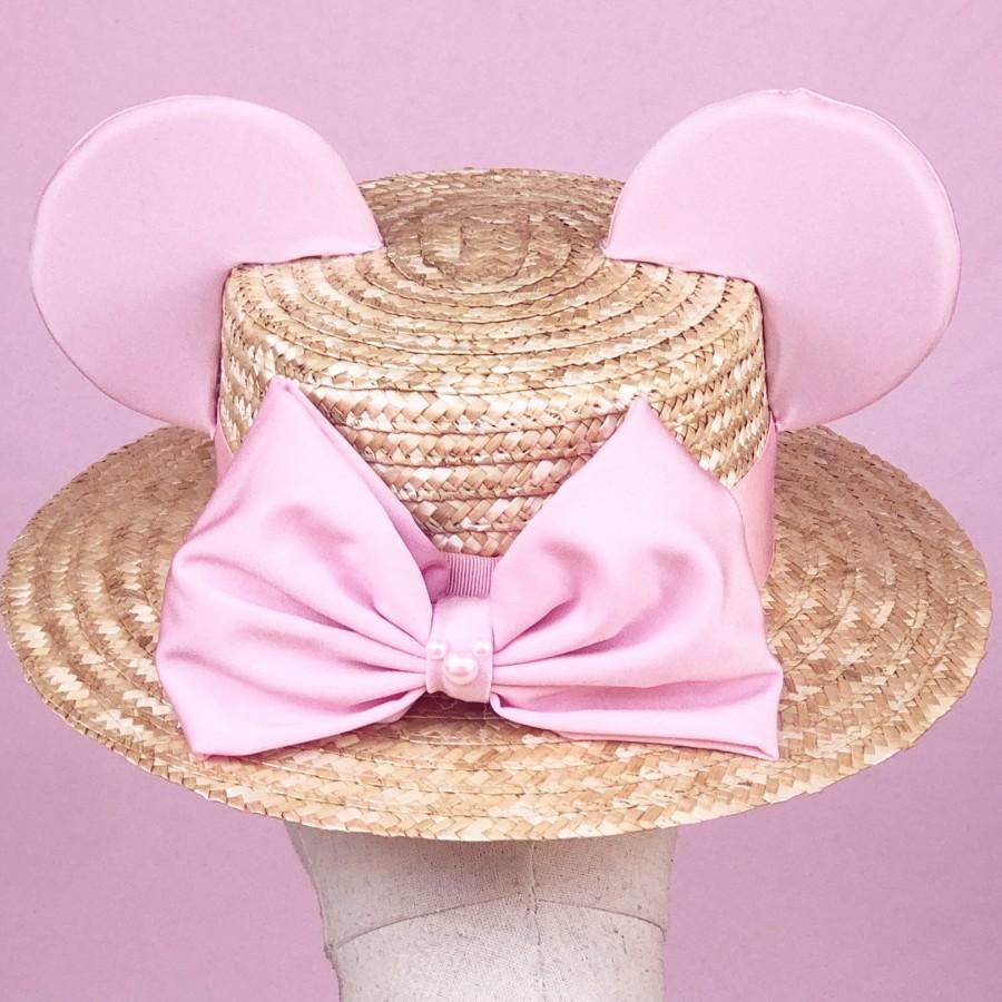 Hochzeit - Pink BIg Bow Canotier Straw Hat with Mickey pearl