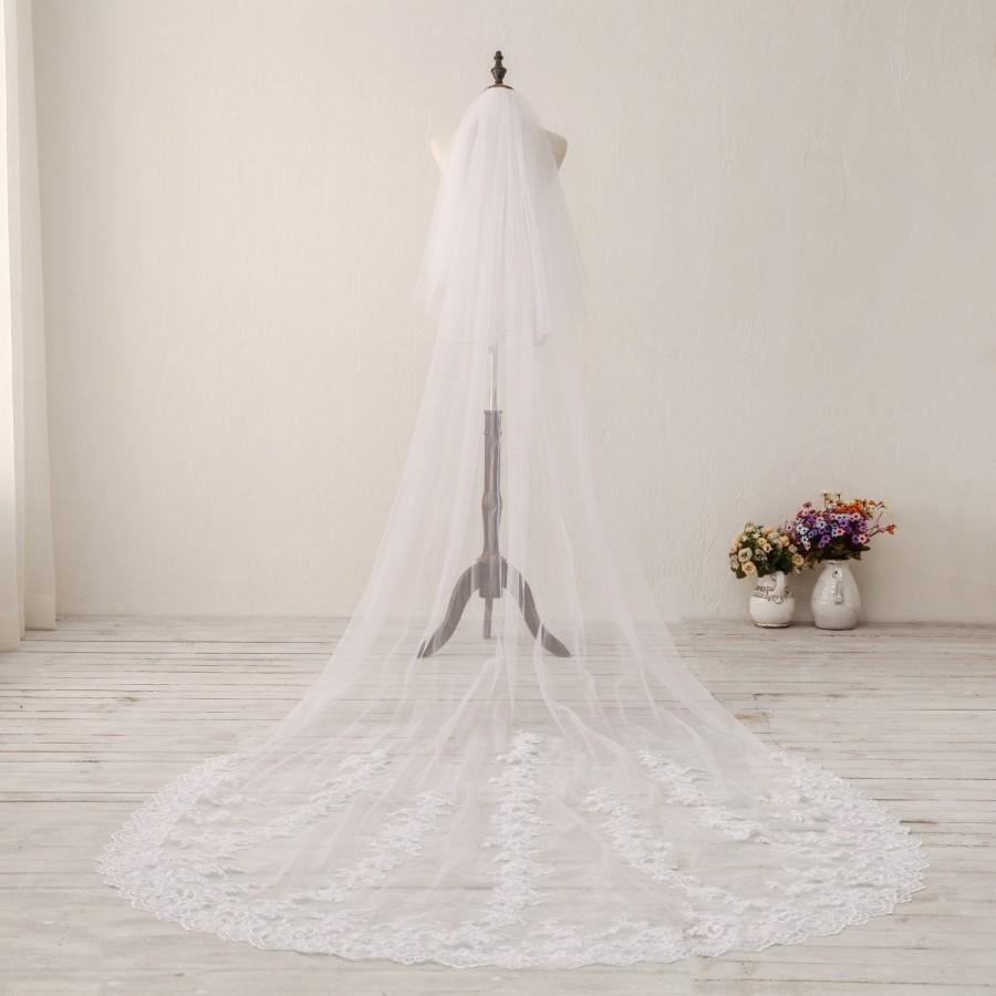 زفاف - Cathedral Wedding Veil Chapel Wedding Veil White Lace Bridal Veil Ivory Bridal Veil Two Layer Bridal Veil