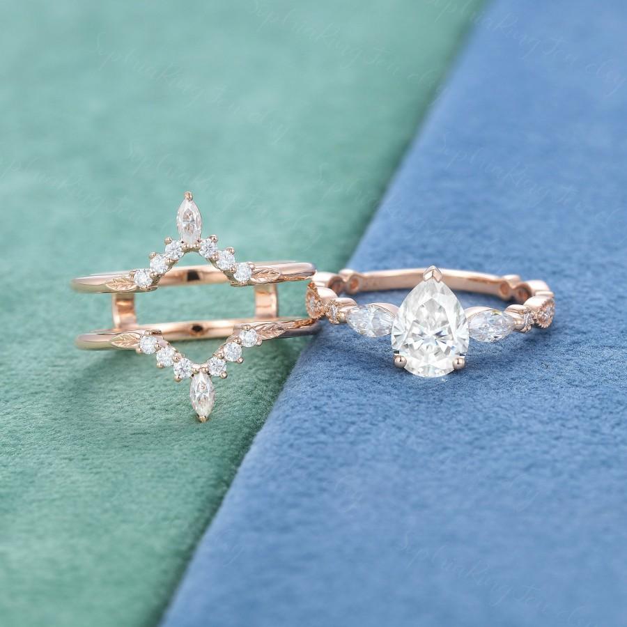 زفاف - 2PCS Rose gold Pear shaped Moissanite Engagement Ring Set Unique Vintage marquise diamond double curved Wedding Anniversary promise Gift