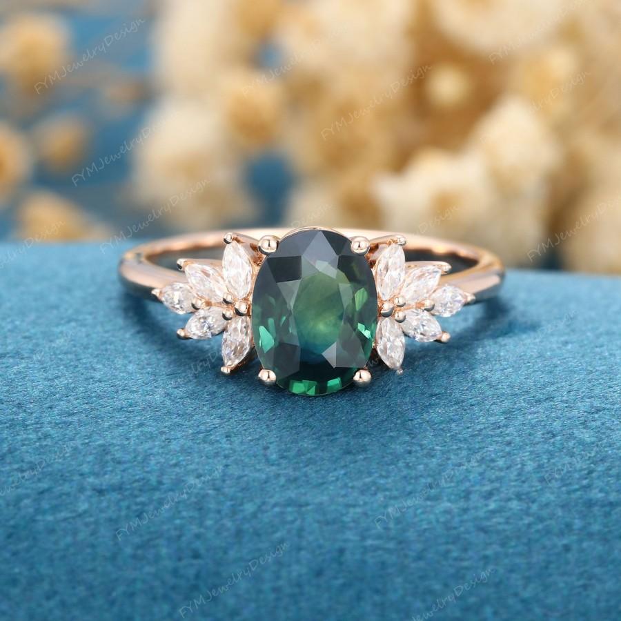 Hochzeit - Oval cut blue green sapphire engagement ring vintage rose gold cluster engagement ring marquise Diamond wedding Bridal Promise gift for her