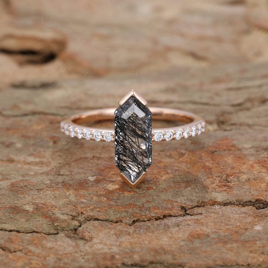 Wedding - Hexagon black quartz engagement ring for women Vintage Rose gold Engagement ring half eternity diamond ring bridal Anniversary Promise gift