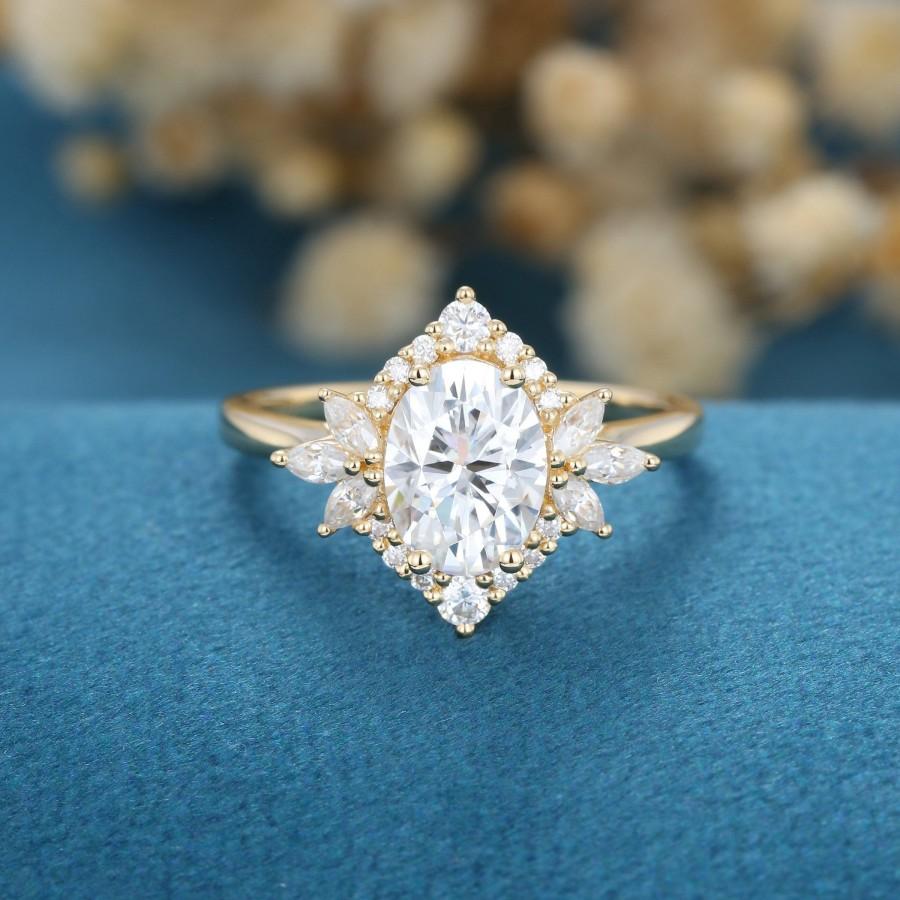 Wedding - Moissanite engagement ring women Oval cut yellow gold Unique cluster engagement ring vintage marquise cut Bridal antique Anniversary gift