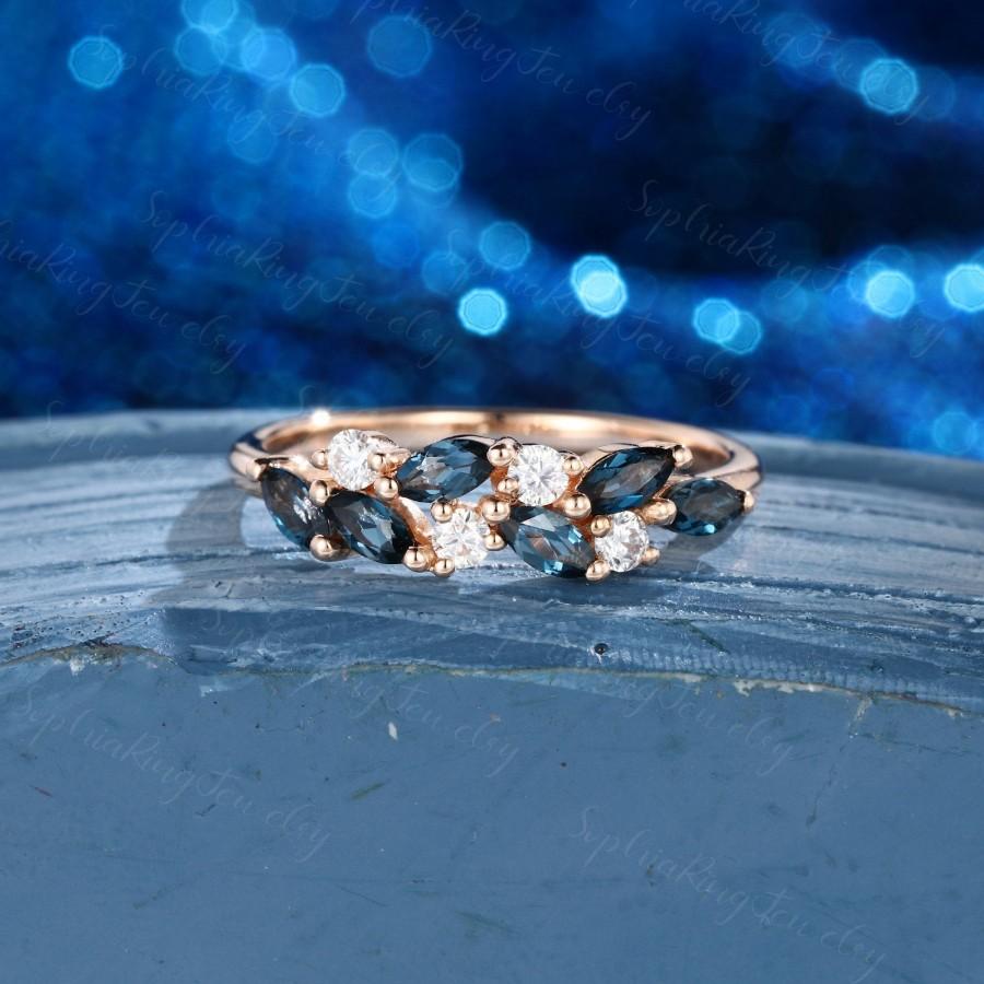 Свадьба - Rose gold wedding band women Marquise London blue topaz Moissanite wedding band vintage stacking matching Ring Vintage Unique Bridal Gift