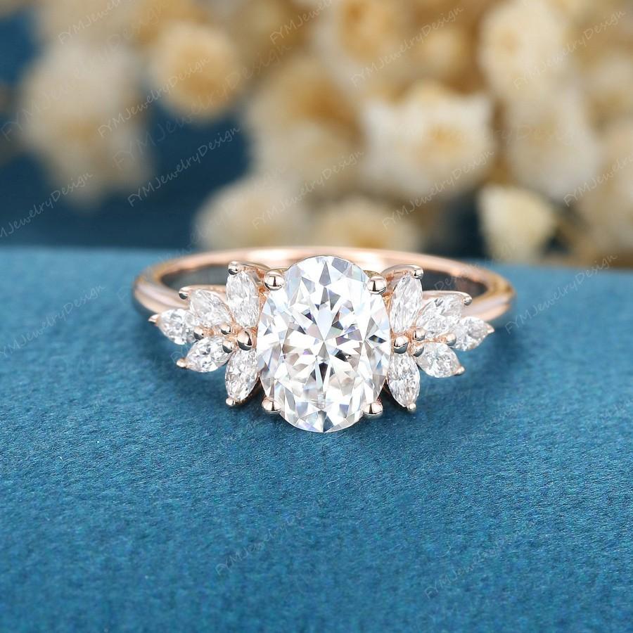 Mariage - Unique Moissanite engagement ring Oval cut rose gold vintage cluster engagement ring marquise Diamond wedding Bridal Promise gift for women