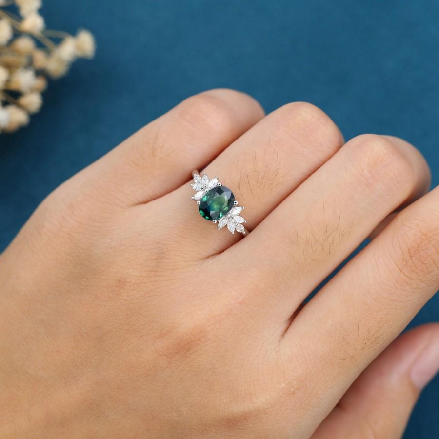 Hochzeit - Oval cut blue green sapphire engagement ring vintage white gold engagement ring marquise Diamond wedding Bridal Promise gift for women