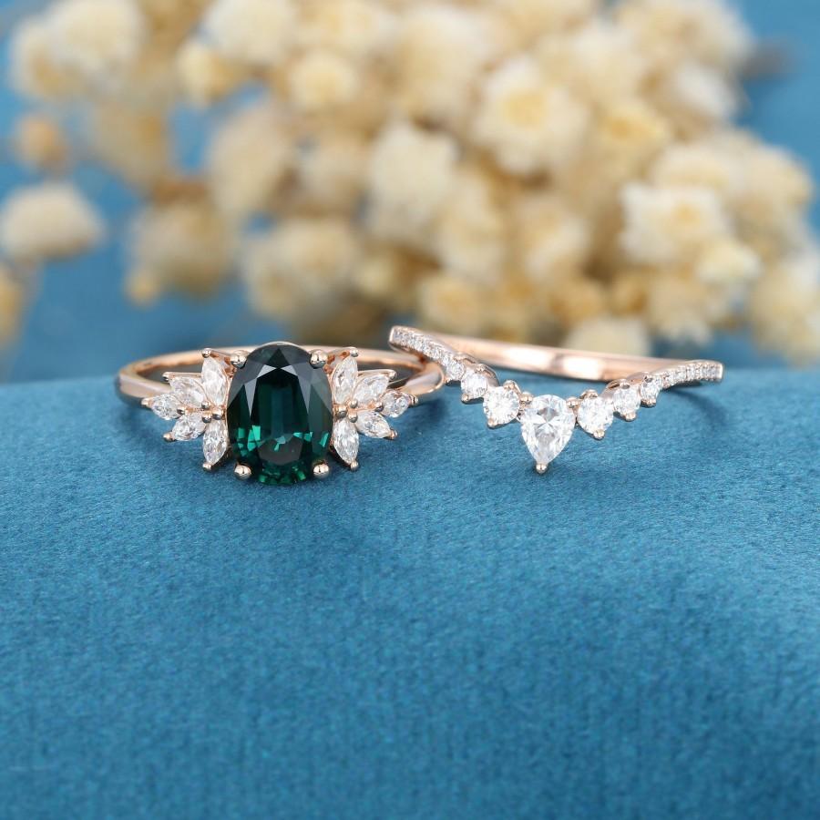 Mariage - 2PCS Oval cut Blue green sapphire engagement ring vintage rose gold Cluster engagement ring Diamond wedding Bridal Promise gift for women