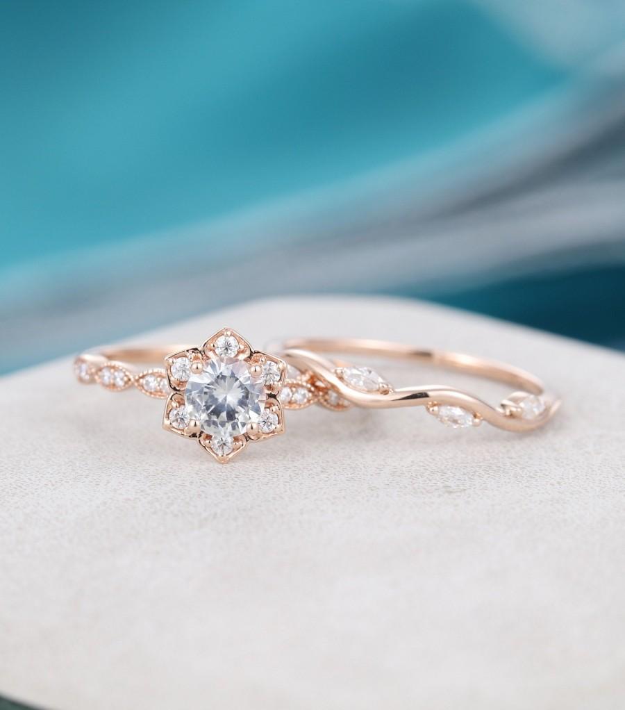 Wedding - White sapphire engagement ring set rose gold Unique Flower vintage Half eternity Marquise cut diamond wedding women Bridal Anniversary gift