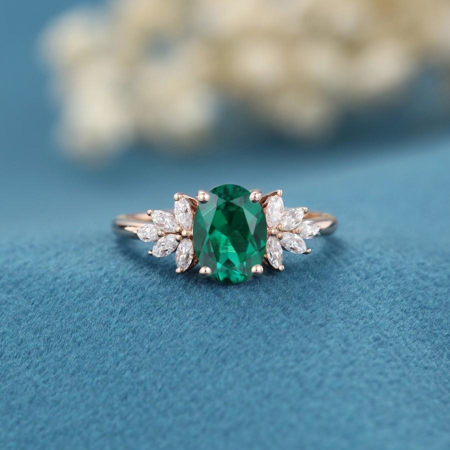 Wedding - Oval cut emerald engagement ring vintage rose gold engagement ring marquise Diamond wedding Bridal Promise gift for women