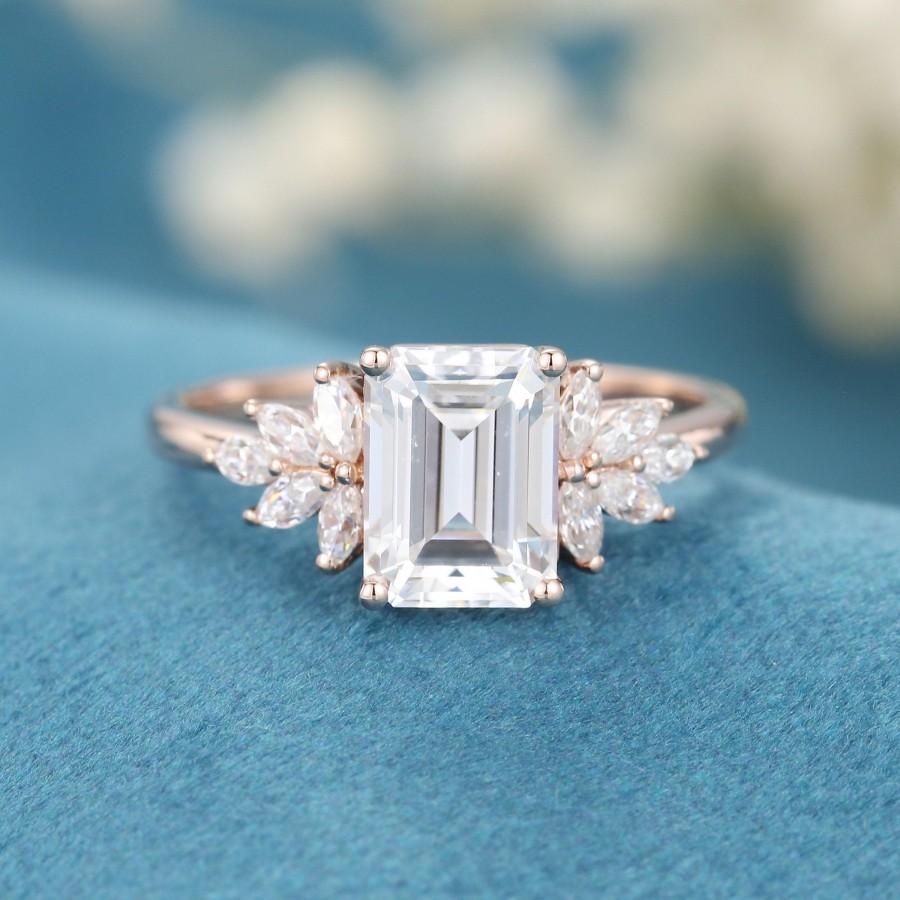 Hochzeit - Unique Moissanite engagement ring women vintage rose gold Emerald cut cluster engagement ring marquise Diamond wedding Bridal gift for her