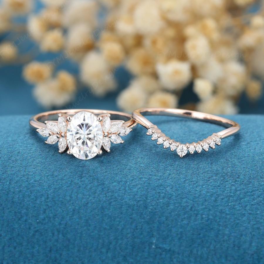 زفاف - 2PCS Oval cut Moissanite engagement ring set vintage rose gold marquise cluster moissanite engagement ring Diamond wedding Promise gift