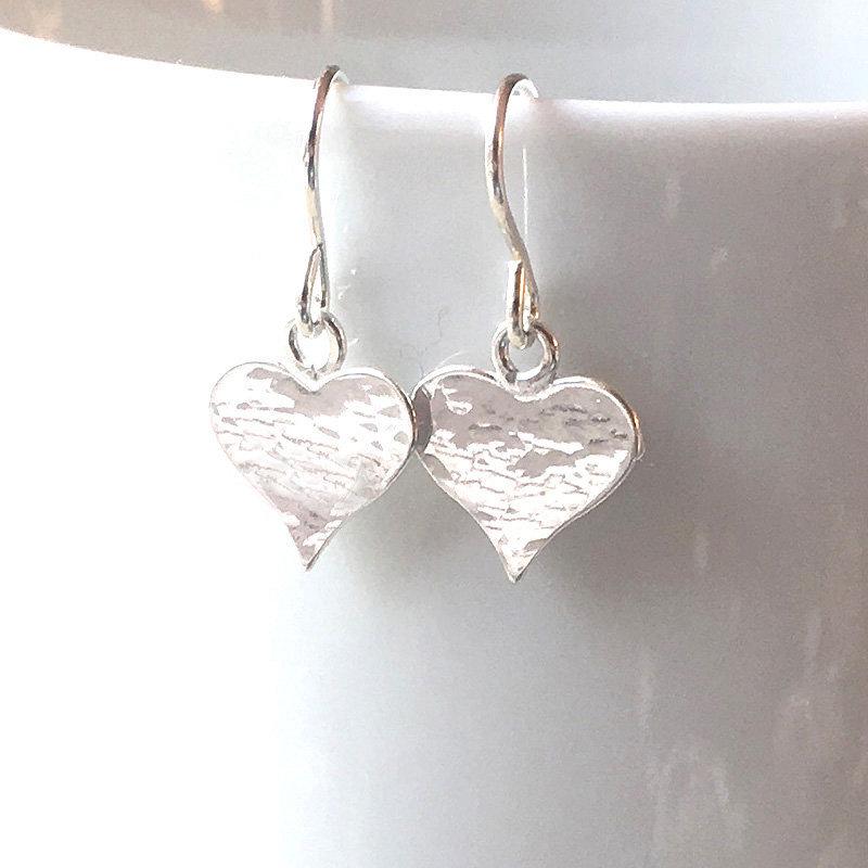Wedding - Hammered sterling silver heart earrings, dainty 925 silver dangle earring, small drop earring, romantic love charm jewelry gift for women Uk