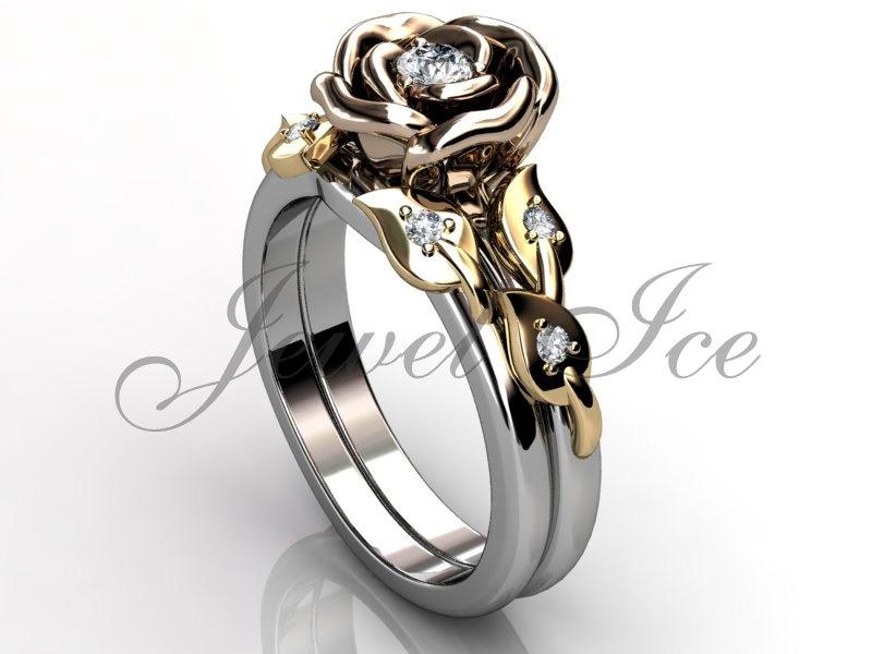 Свадьба - Engagement Ring Set - 14k White Yellow and Rose Gold Diamond Unique Flower Wedding Band Engagement Ring Set Anniversary Ring Set ER-1119-8