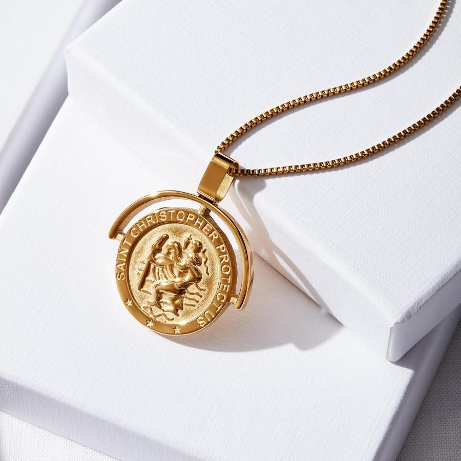 زفاف - St Christopher Gold Necklace - Medallion Necklace - Protect Us Necklace - Religious - Engraved St Christopher - Protection Jewellery -