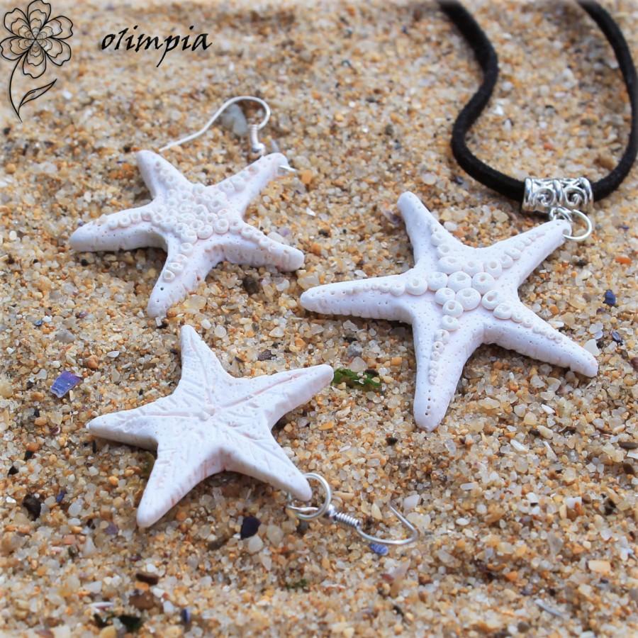 زفاف - Realistic starfish large earrings sea life ocean earrings marine wedding sea style boho earrings maritime polymer clay beach white sea stars