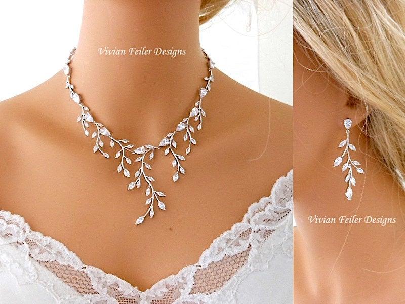 Hochzeit - Wedding Jewelry SET VINE Marquise Bridal Necklace and Earrings Bridal Necklace Jewelry Cubic Zirconia