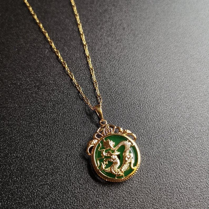 Wedding - Green Jade Dragon Pendant Necklace-Amulet Protection Stone Pendant Necklace-Feng Shui Good Luck Wealth and Prosperity Money Necklace