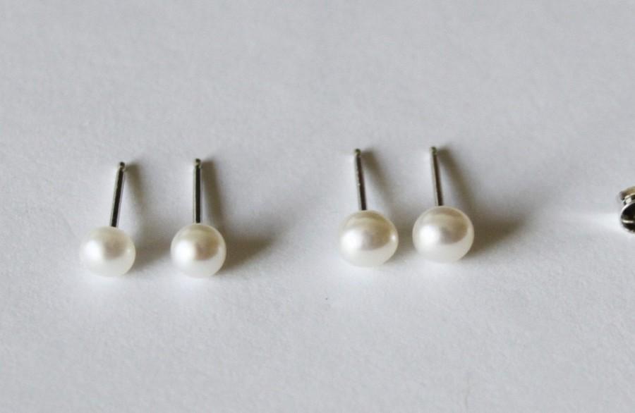 Wedding - Tiny 3mm, 4mm, 5mm white fresh water pearl studs- small pearl earrings solid sterling silver earrings flower girl earrings small pearl studs