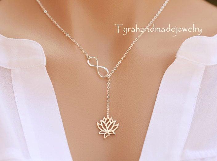 Mariage - Sterling Silver infinity Lotus necklace,Lotus flower necklace,sideways infinity,custom message card jewelry,Bridesmaid gifts,Wedding jewelry