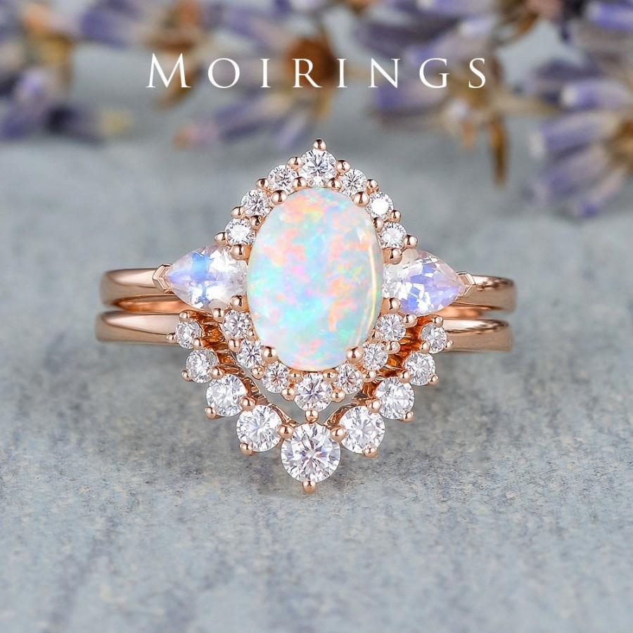 Mariage - Vintage Natural Opal Engagement Ring Set Rose Gold Antique Cluster Halo Opal Ring Moonstone Birthstone Australia White Opal Ring Set 2pcs