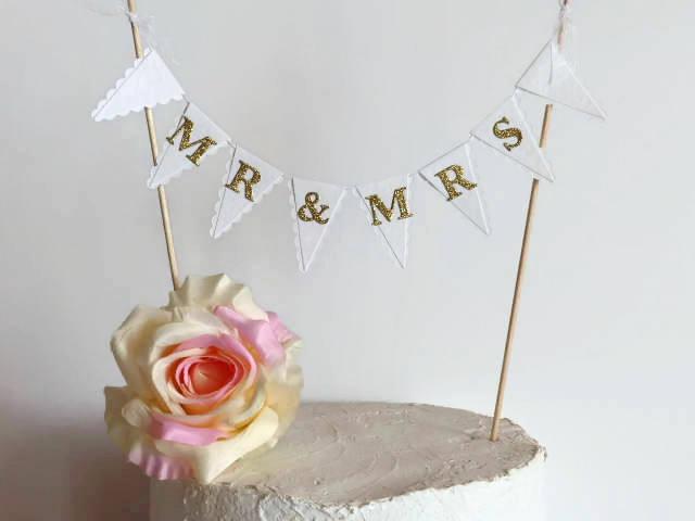 زفاف - MR & MRS Cake Topper - Wedding Cake Bunting - White, Ivory, Cream, Gold, Silver, Rose Gold, Champagne Glitter