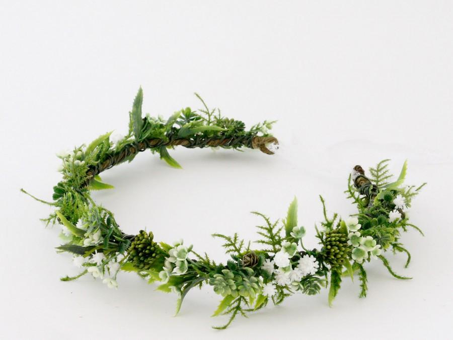 Mariage - Greeny flower crown wedding, succulent flower crown, white & green flower crown, greenery floral crown, rustic headband, bridal crown wreath