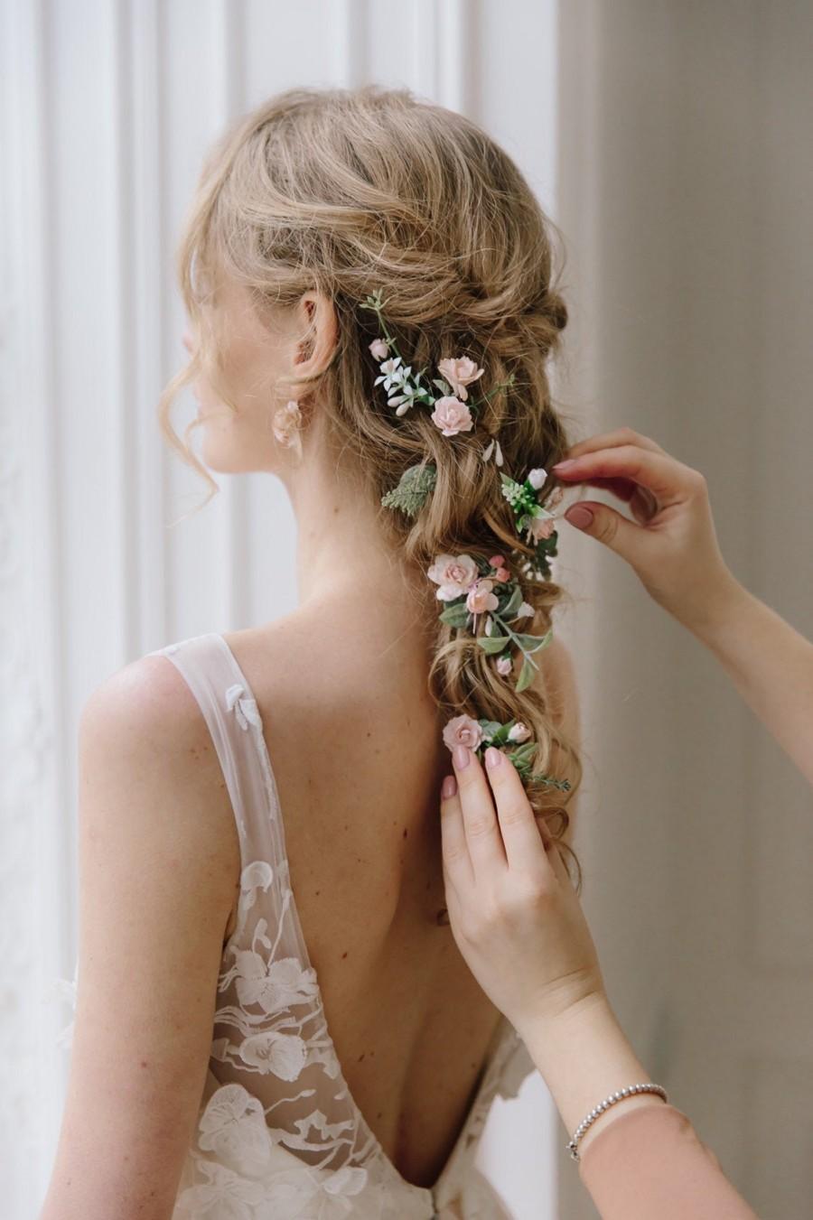 Wedding - Bridal hair vine, bridal hair vine green, Blush Flower Hair comb, flower hair clip, bridal hair piece