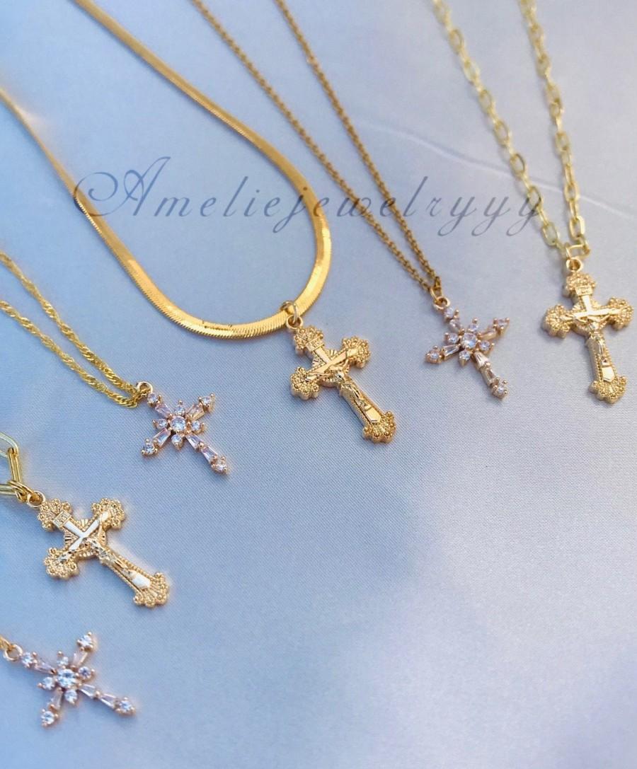 زفاف - Gold FILLED Cross Necklace, Gold Rosary Cross, Dainty Crystal Cross, Religious Necklace, Unisex Cross, Birthday Gift