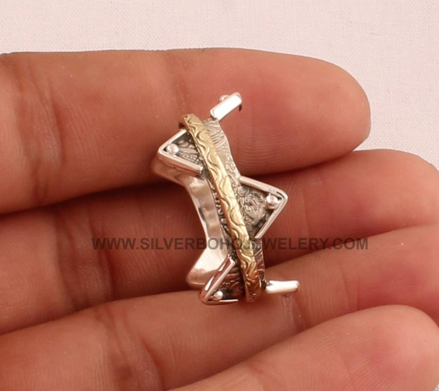 زفاف - Crown Antiqued Silver Spinner Ring - 925 Sterling Silver & Brass Carved Med Ring - Handmade Silver Crown Ring - Gift For Her - Women Jewelry
