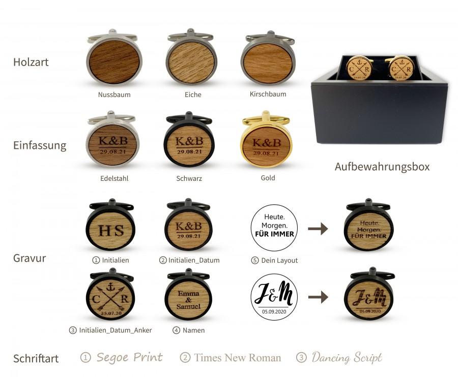 زفاف - Wooden cufflinks personalized with initials and date engraving, gift for groom, black with wood walnut, cherry, oak