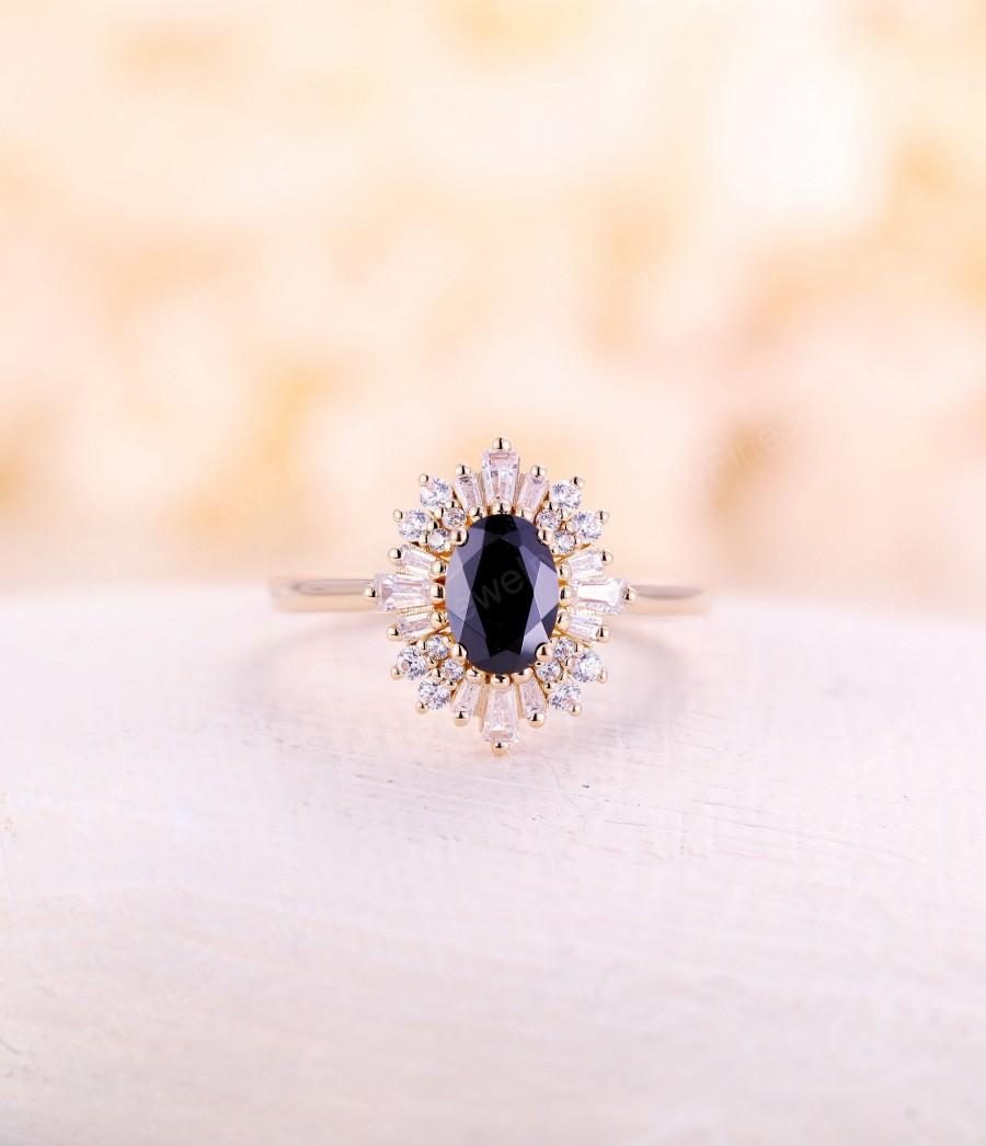 Свадьба - Vintage engagement ring Oval cut black onyx engagement ring rose gold halo diamond wedding  promise Anniversary Gift for
