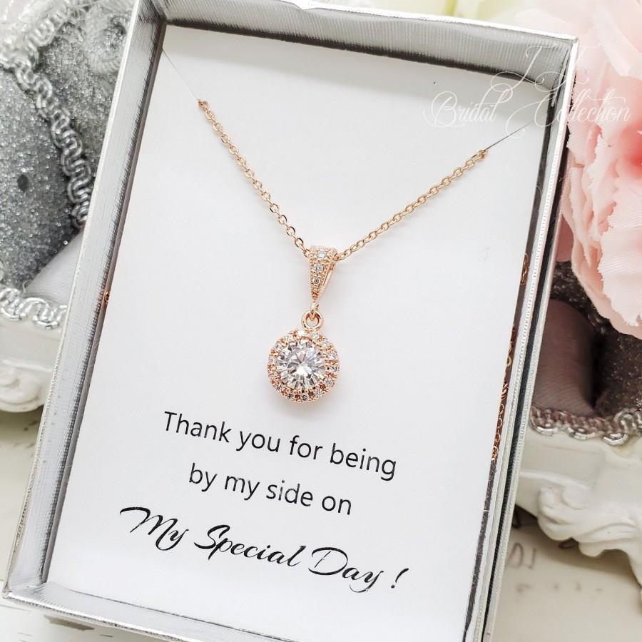 Mariage - ROSE GOLD Elegant Halo Round Cubic Zirconia Necklace, Bride,Bridesmaid Necklace gifts