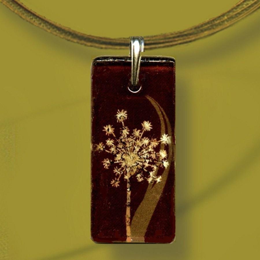 Hochzeit - Dandelion Necklace -  Reversible Glass Art - Geoform  Brown/Sage Floral