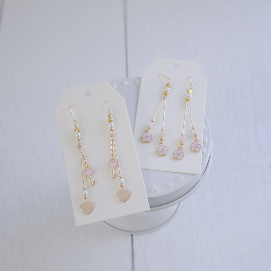 Hochzeit - Sakura Japanese Cherry Blossom Dangle Earrings - Valentine Heart earrings, Kawaii Valentine, Valentine's Day Gifts for Her, Anime Earrings