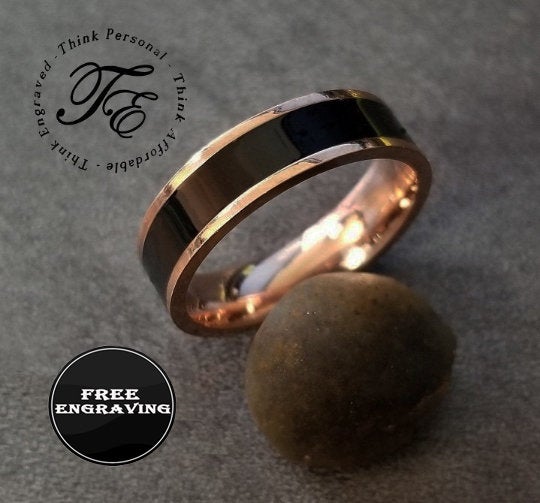 زفاف - Men's Engraved Promise Ring With Black Ceramic Inlay and Rose Gold IP