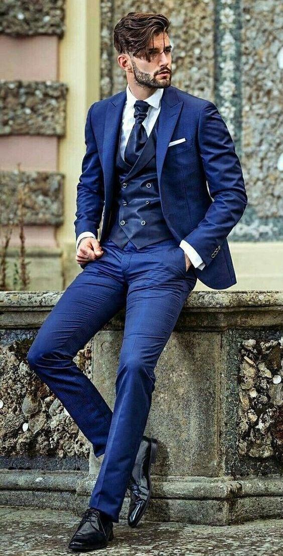 Wedding - Men Blue Suits Slim fit Summer Suit Party Wear 3 Piece Suit, Business Suit, One Button Bespoke
