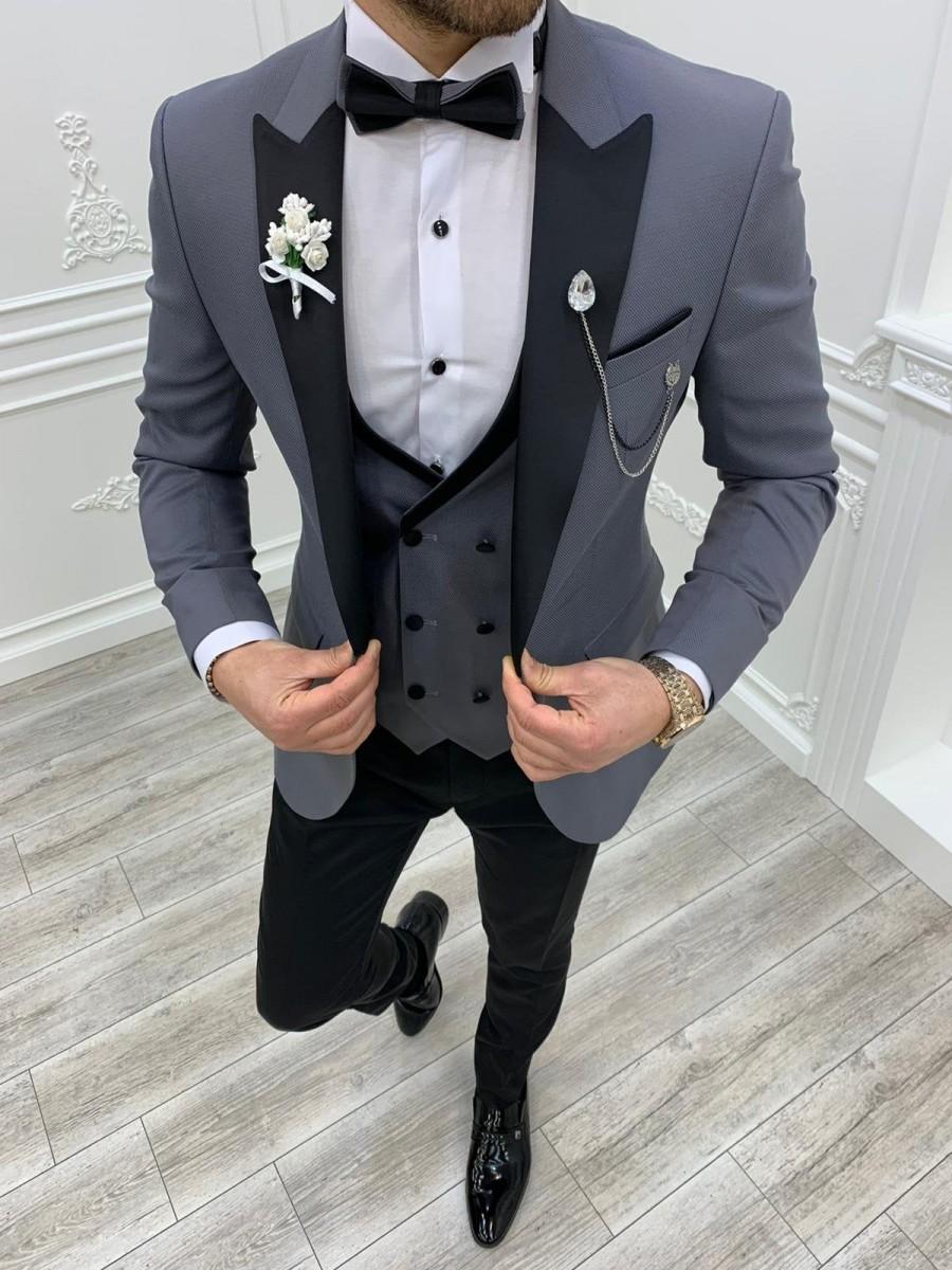 Wedding - Men Suits ~ Wedding Suit ~ 3 Piece Suits ~ Prom Suits, Slim fit Peak Lapel one Button Tuxedo, Gray Slim Fit Peak Lapel Tuxedo