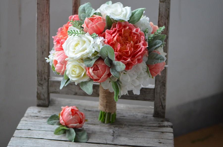 Свадьба - Rustic Coral Bridal Bouquets, Real Touch Peonies, Roses, Hydrangeas, Silk Wedding Bouquet, Groom Boutonniere, Lamb's ears