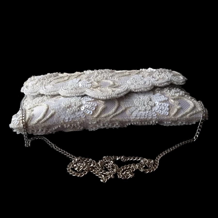 Mariage - Santana Bridal Clutch with 3D Embroidered Ivory Lace, White Wedding Clutch, Beaded Wedding Bag, Vintage Bride Purse