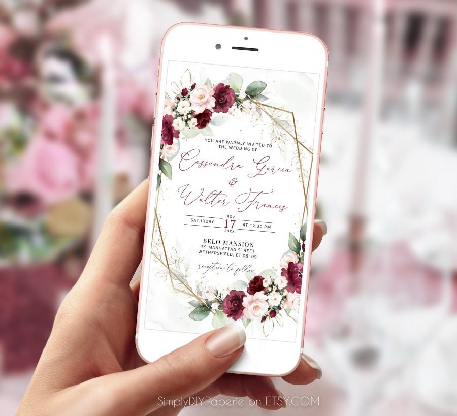 Mariage - Burgundy Blush Wedding Evite Template, Burgundy Invitation, Floral Smartphone Evite, Digital Invitation, Electronic Wedding, CLARA