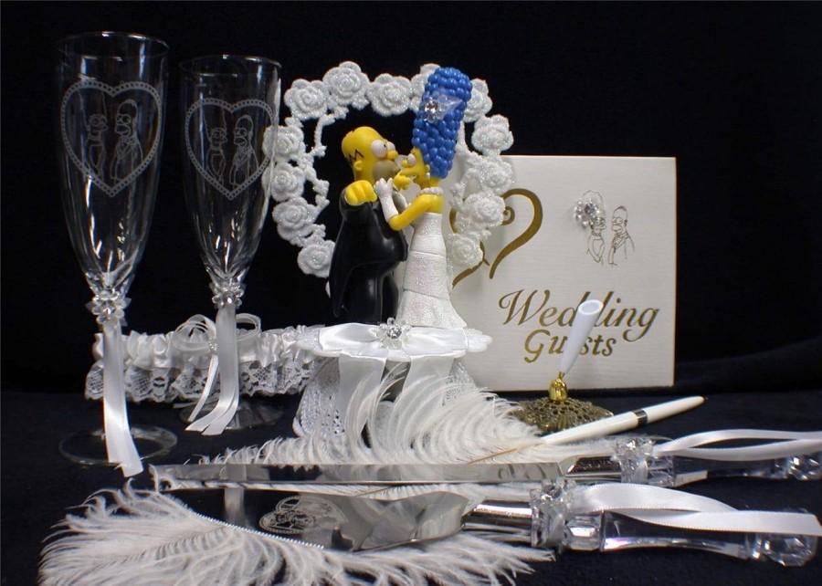 Wedding - O Homer Marge Simpsons wedding Cake topper LOT Glasses server guest book, garter